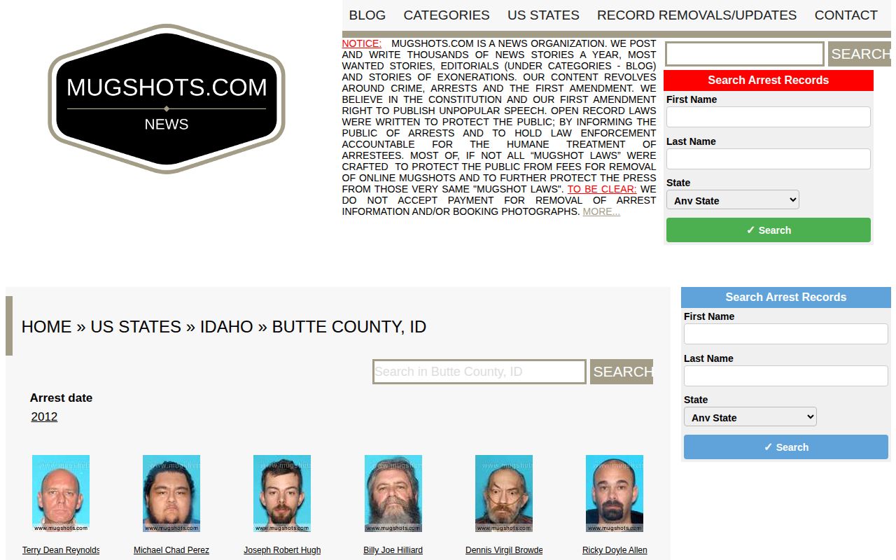 Historical unofficial Butte County mugshot directory page from 2012