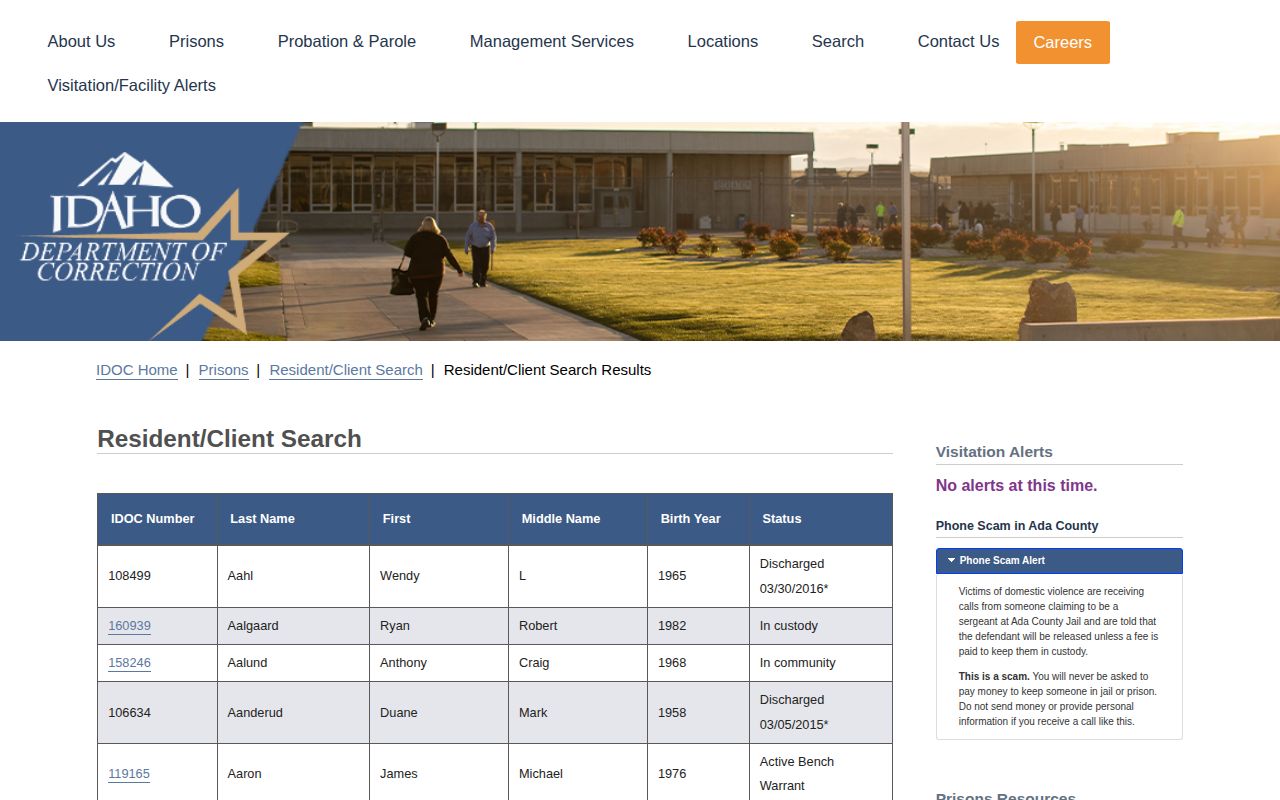 Butte County state custody IDOC result fields for offender records