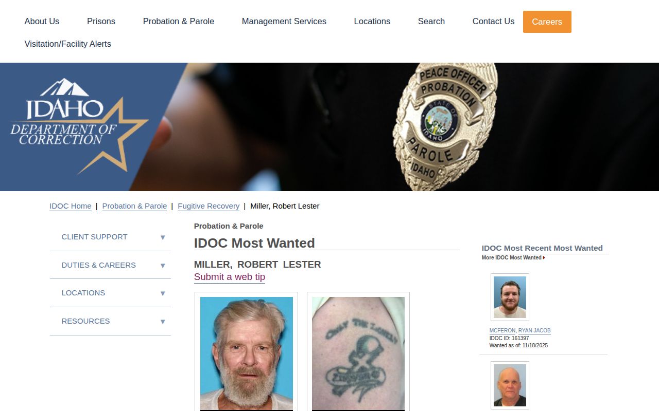 Butte County warrant research on official IDOC wanted profile fields
