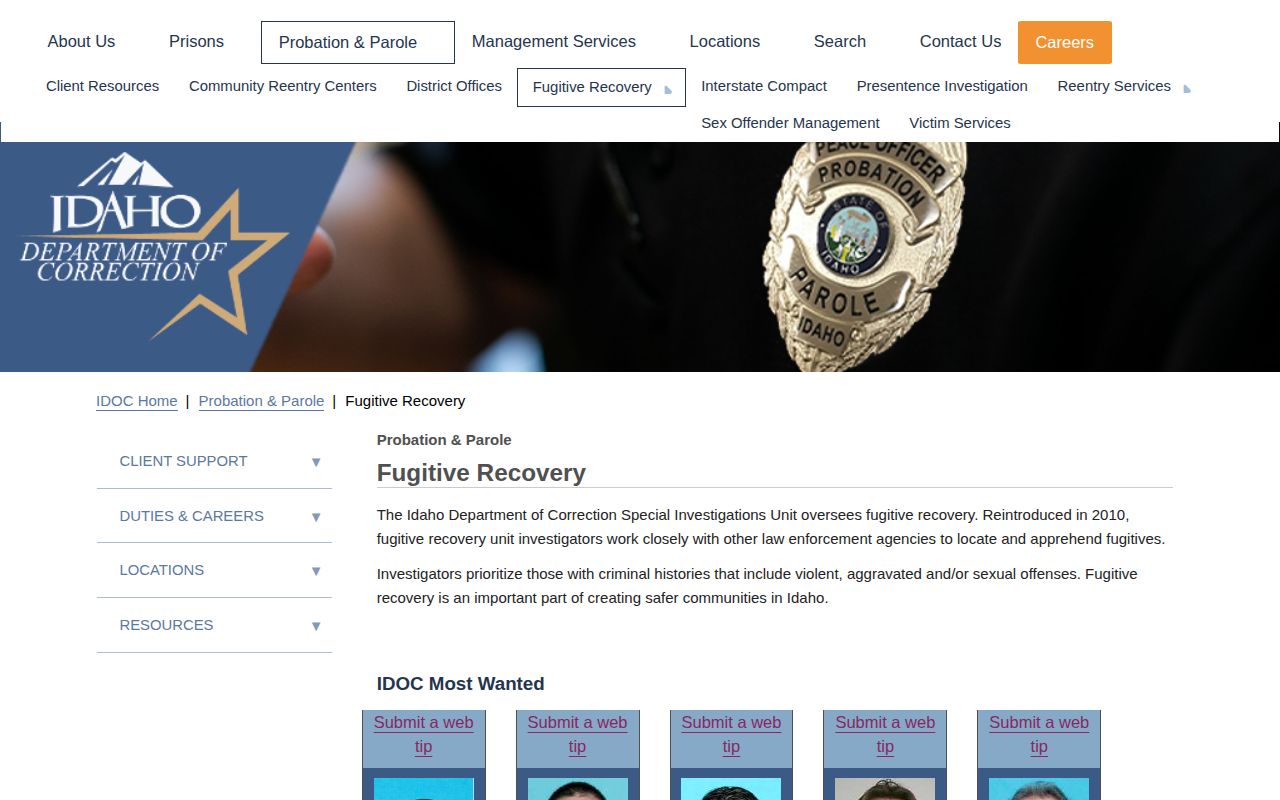 Butte County warrant research on Idaho statewide wanted-list interface